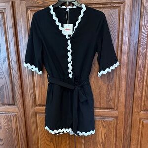 Black Short-Sleeve Romper with White Ric Rac Trim NWT